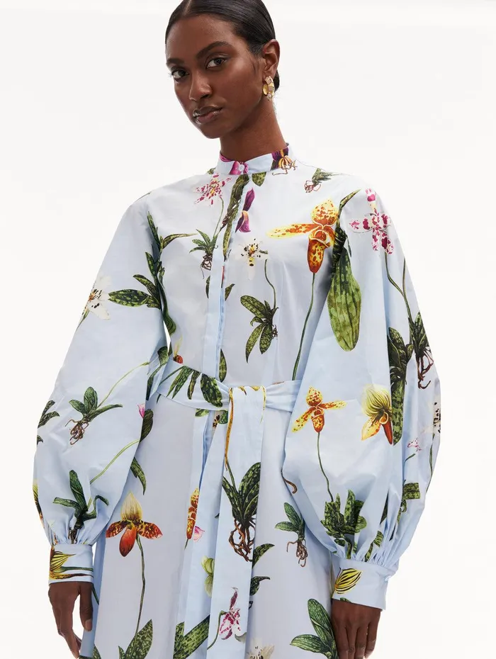 Orchid Cotton Poplin Caftan Light Blue Multi Women Oscar De La Renta Dresses