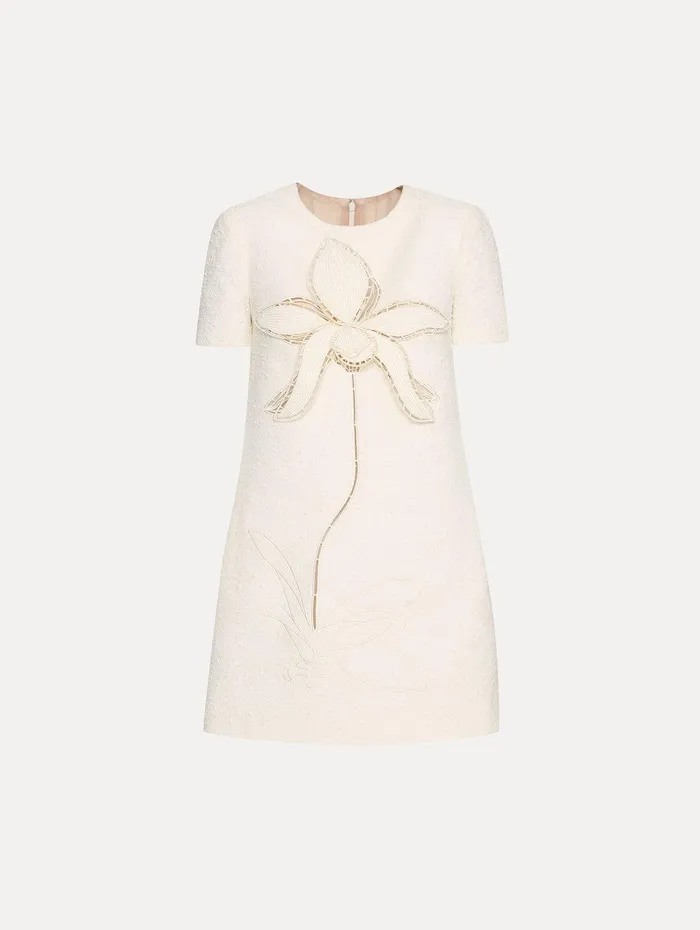 Orchid Embroidered Tweed Shift Dress Ivory Women Oscar De La Renta Dresses