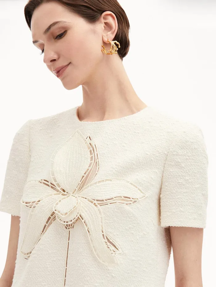 Orchid Embroidered Tweed Shift Dress Ivory Women Oscar De La Renta Dresses Orchid Embroidered Tweed Shift Dress Ivory Women Oscar De La Renta Dresses