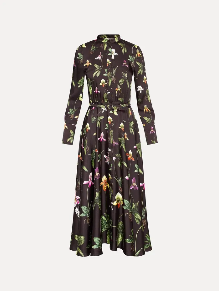 Orchid Silk Twill Dress Brown Multi Women Oscar De La Renta Dresses