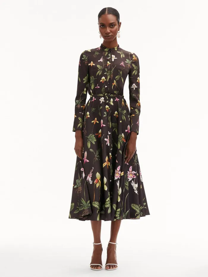 Orchid Silk Twill Dress Brown Multi Women Oscar De La Renta Dresses Orchid Silk Twill Dress Brown Multi Women Oscar De La Renta Dresses
