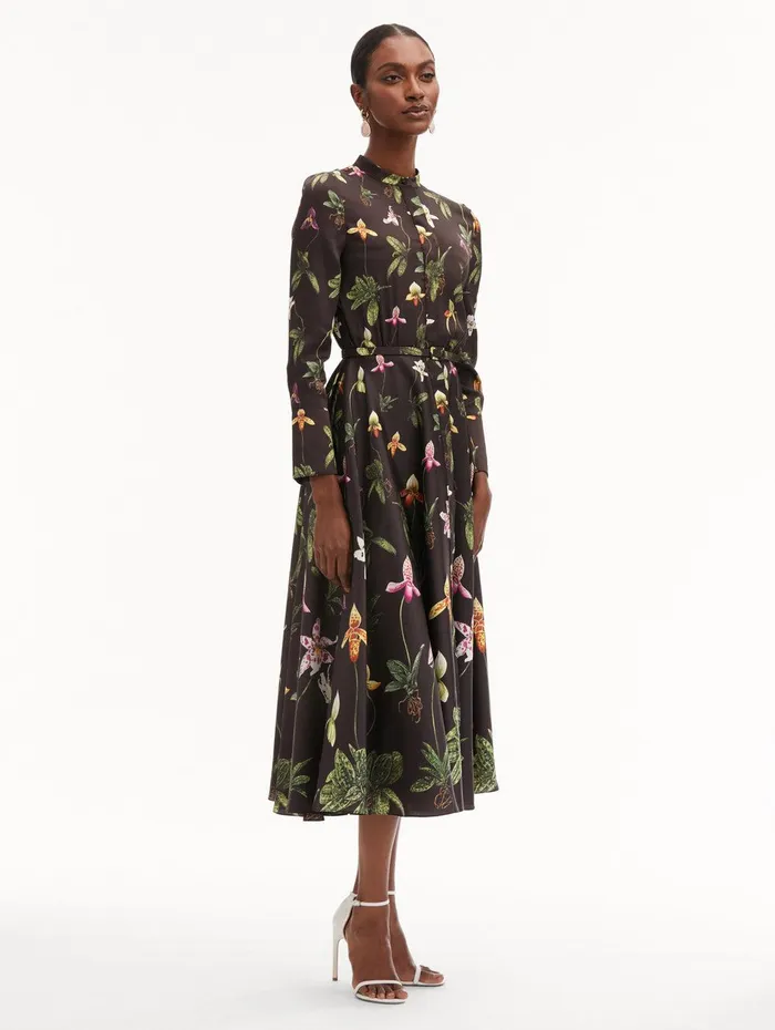 Orchid Silk Twill Dress Brown Multi Women Oscar De La Renta Dresses Orchid Silk Twill Dress Brown Multi Women Oscar De La Renta Dresses