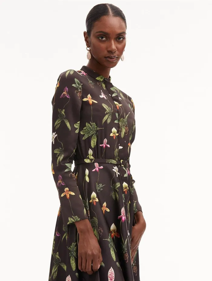 Orchid Silk Twill Dress Brown Multi Women Oscar De La Renta Dresses Orchid Silk Twill Dress Brown Multi Women Oscar De La Renta Dresses