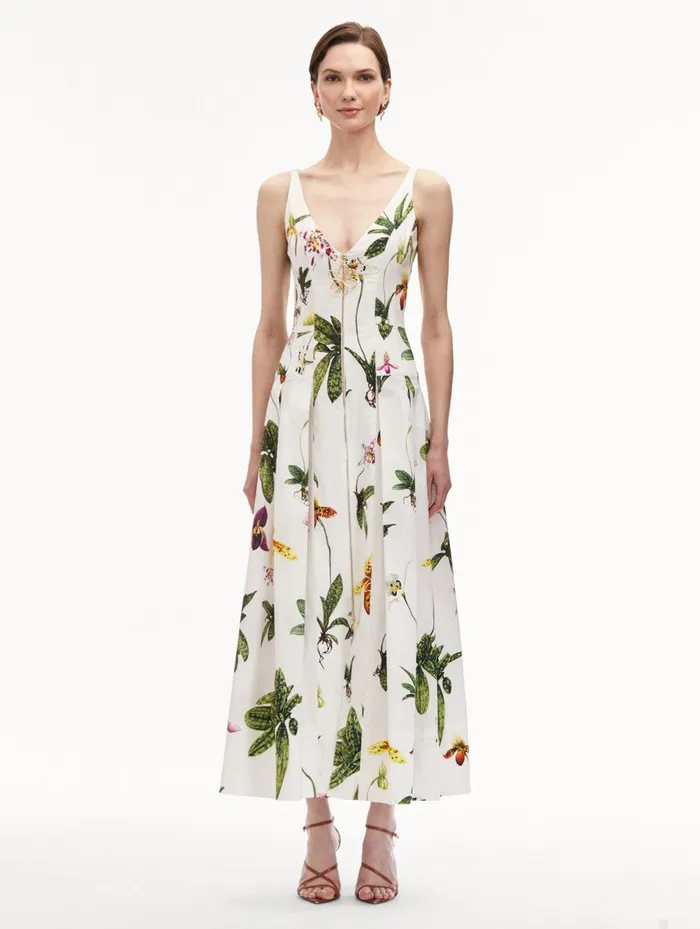 Orchid Zip Front Cotton Poplin Dress White Multi Women Oscar De La Renta Dresses
