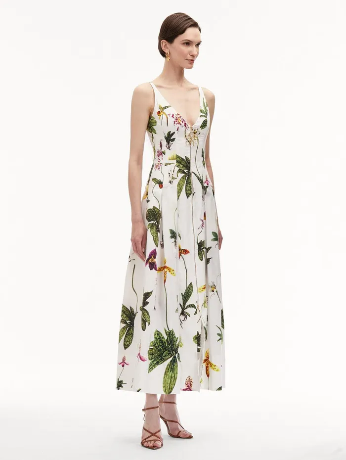 Orchid Zip Front Cotton Poplin Dress White Multi Women Oscar De La Renta Dresses