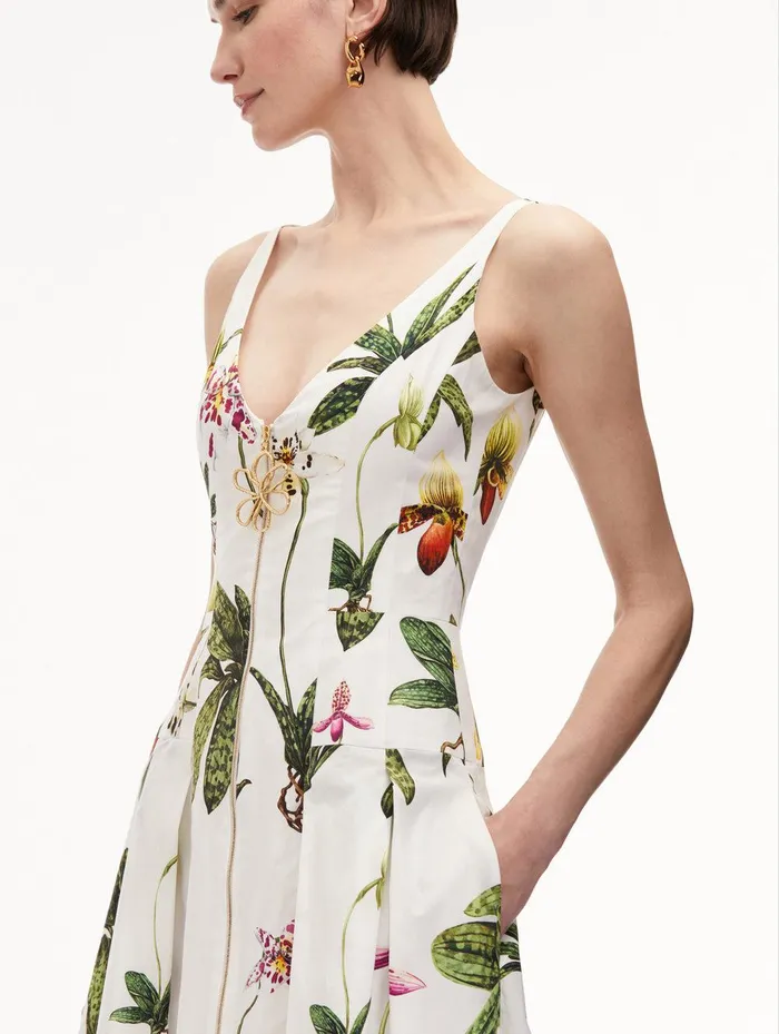 Orchid Zip Front Cotton Poplin Dress White Multi Women Oscar De La Renta Dresses