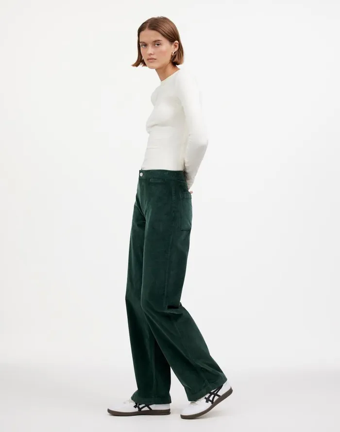 Pants Women Madewell The Emmett WideLeg Pant In Corduroy Welt Pocket Edition Luxury Forest