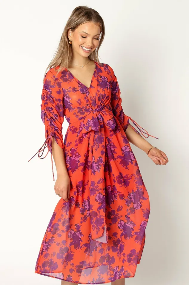 Petal and Pup Hallie Midi Floral Dress Red Wine Women Long Sleeve Dresses