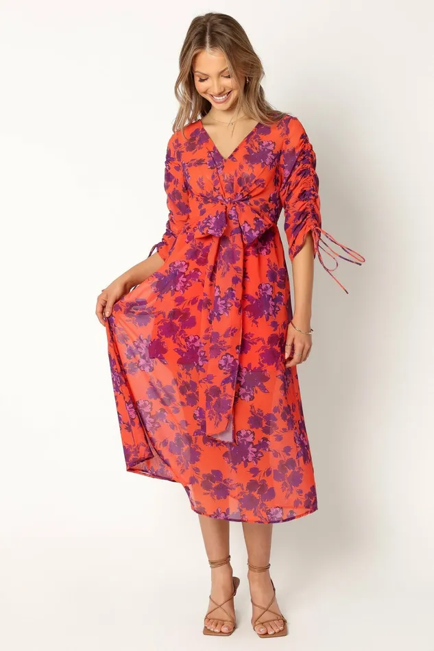 Petal and Pup Hallie Midi Floral Dress Red Wine Women Long Sleeve Dresses