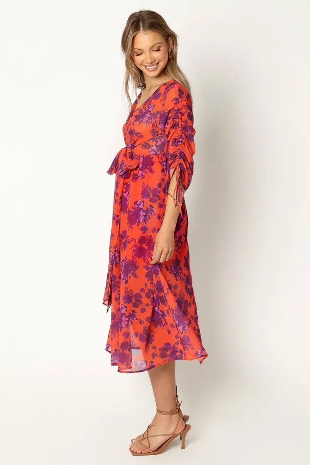 Petal and Pup Hallie Midi Floral Dress Red Wine Women Long Sleeve Dresses