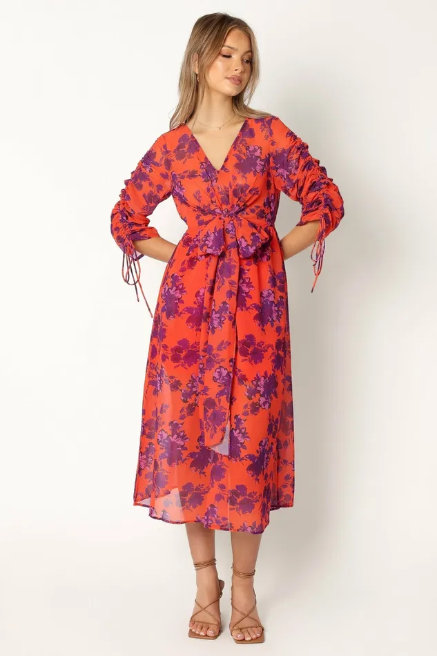 Petal and Pup Hallie Midi Floral Dress Red Wine Women Long Sleeve Dresses