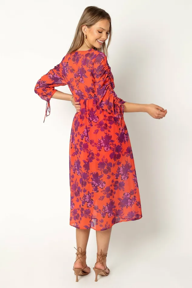 Petal and Pup Hallie Midi Floral Dress Red Wine Women Long Sleeve Dresses