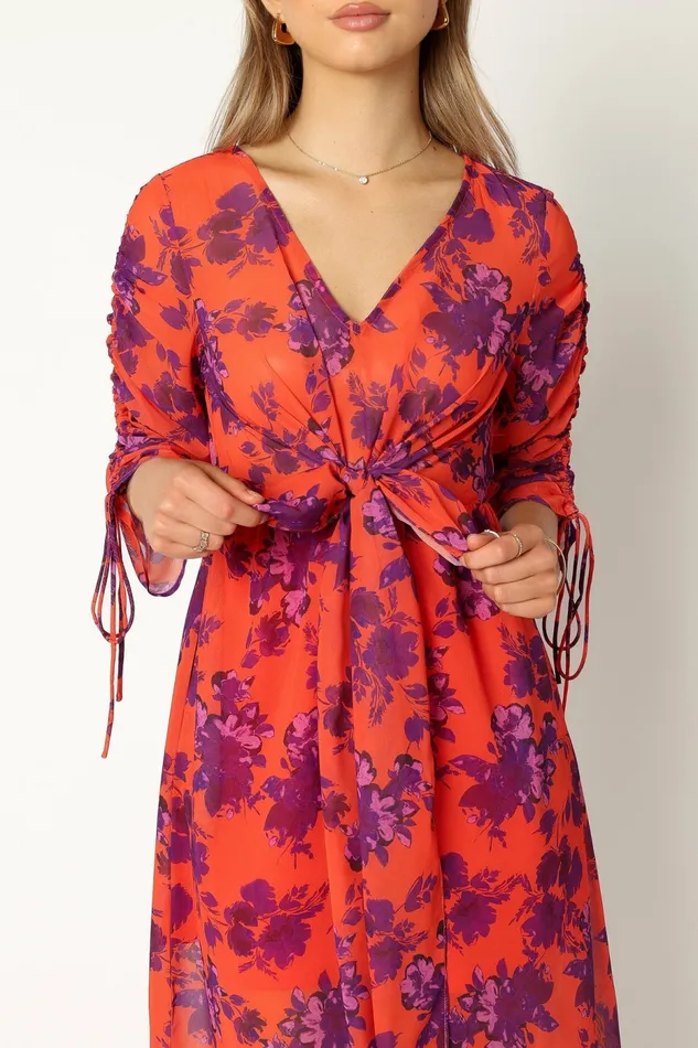 Petal and Pup Hallie Midi Floral Dress Red Wine Women Long Sleeve Dresses
