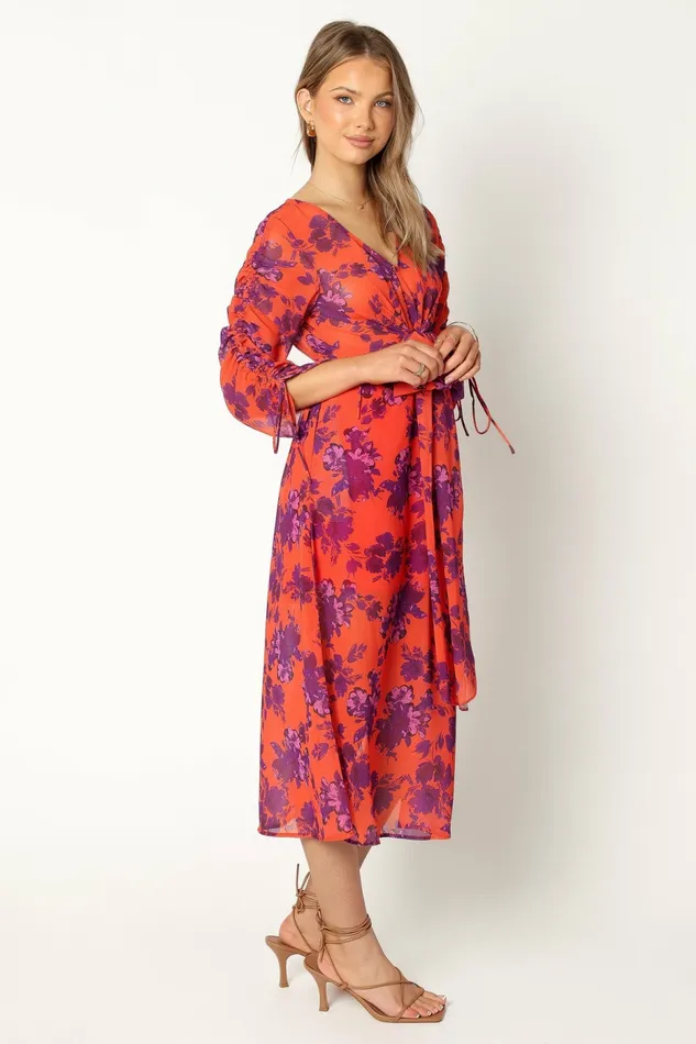 Petal and Pup Hallie Midi Floral Dress Red Wine Women Long Sleeve Dresses