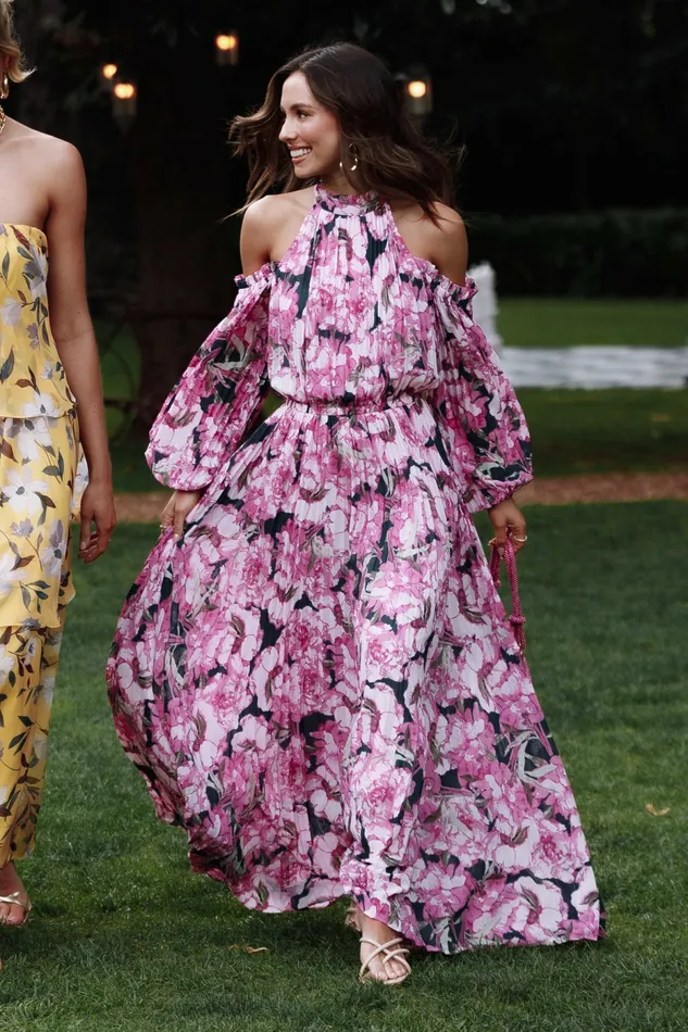 Petal and Pup Hilary Pleated Maxi Dress Pink Floral Women Winter Dresses
