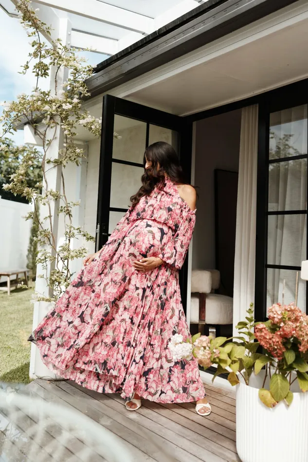 Petal and Pup Hilary Pleated Maxi Dress Pink Floral Women Winter Dresses
