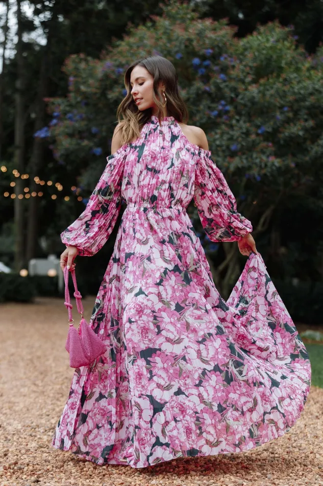 Petal and Pup Hilary Pleated Maxi Dress Pink Floral Women Winter Dresses