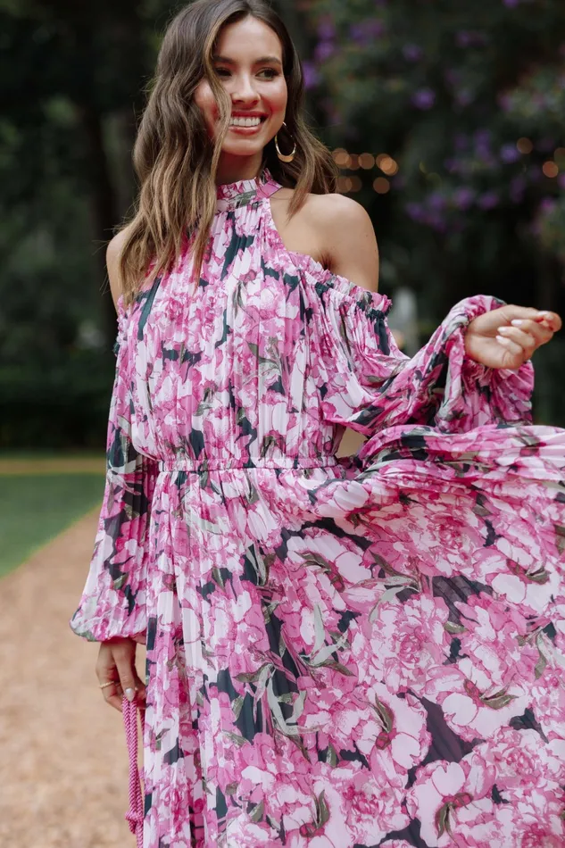 Petal and Pup Hilary Pleated Maxi Dress Pink Floral Women Winter Dresses