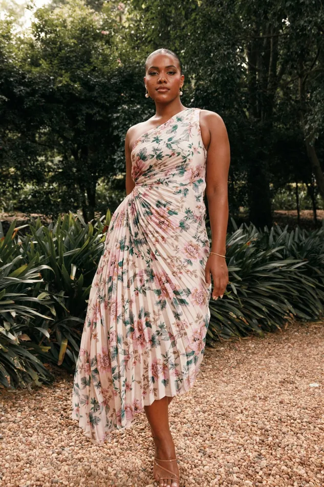 Petal and Pup Satin Dresses Women Kleo One Shoulder Maxi Dress Pink Floral