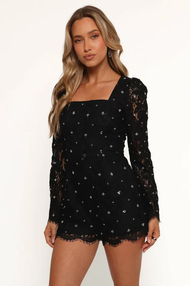 Petal and Pup Vali Long Sleeve Romper Black Women Jumpsuits and Rompers