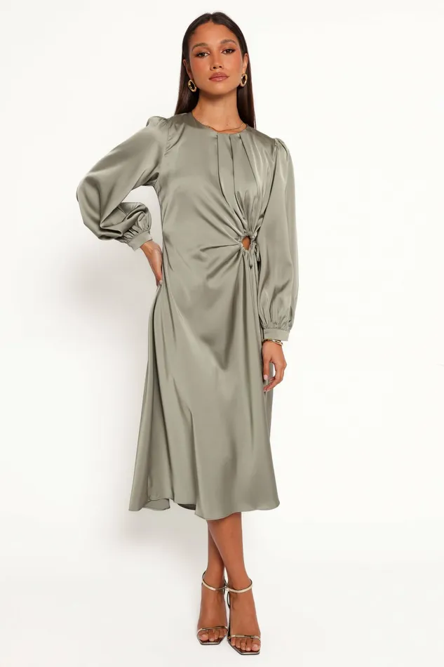 Petal and Pup Windsor Long Sleeve Maxi Dress Olive Women Satin Dresses