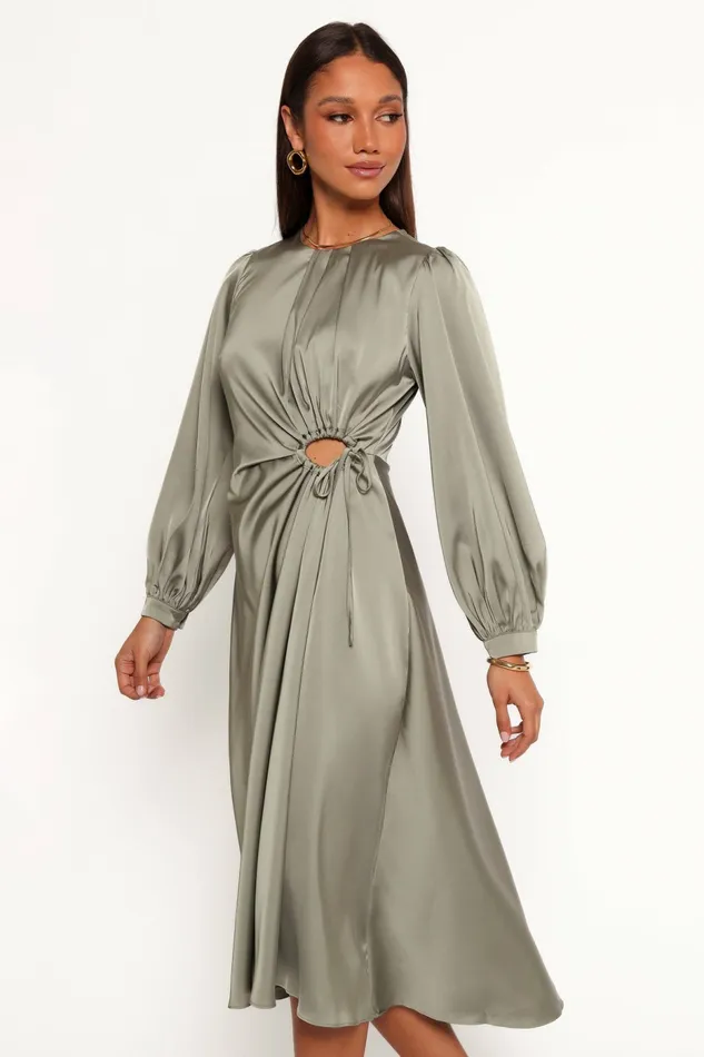 Petal and Pup Windsor Long Sleeve Maxi Dress Olive Women Satin Dresses