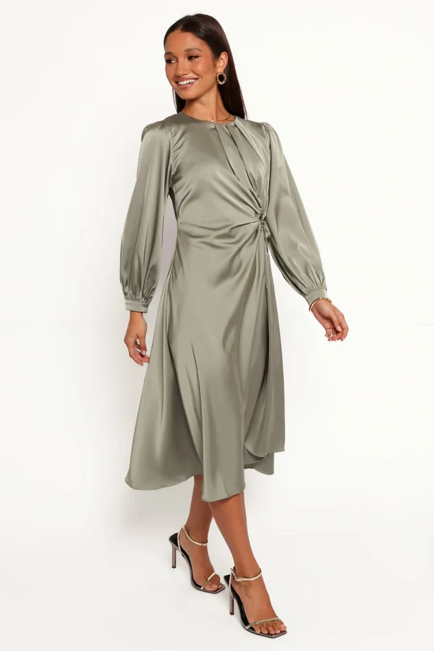 Petal and Pup Windsor Long Sleeve Maxi Dress Olive Women Satin Dresses