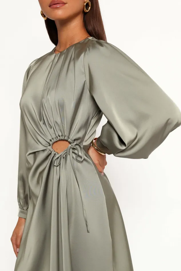 Petal and Pup Windsor Long Sleeve Maxi Dress Olive Women Satin Dresses