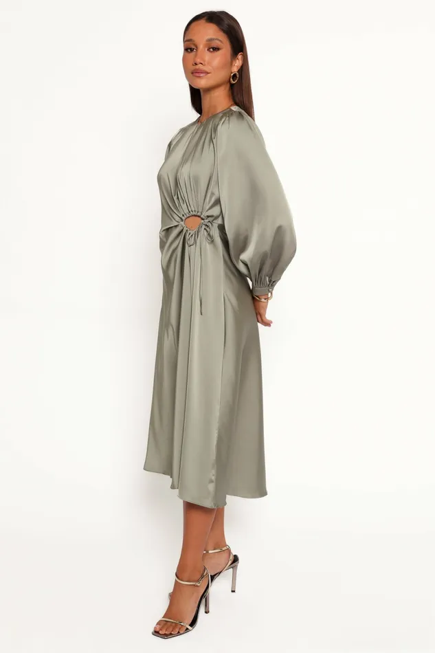 Petal and Pup Windsor Long Sleeve Maxi Dress Olive Women Satin Dresses