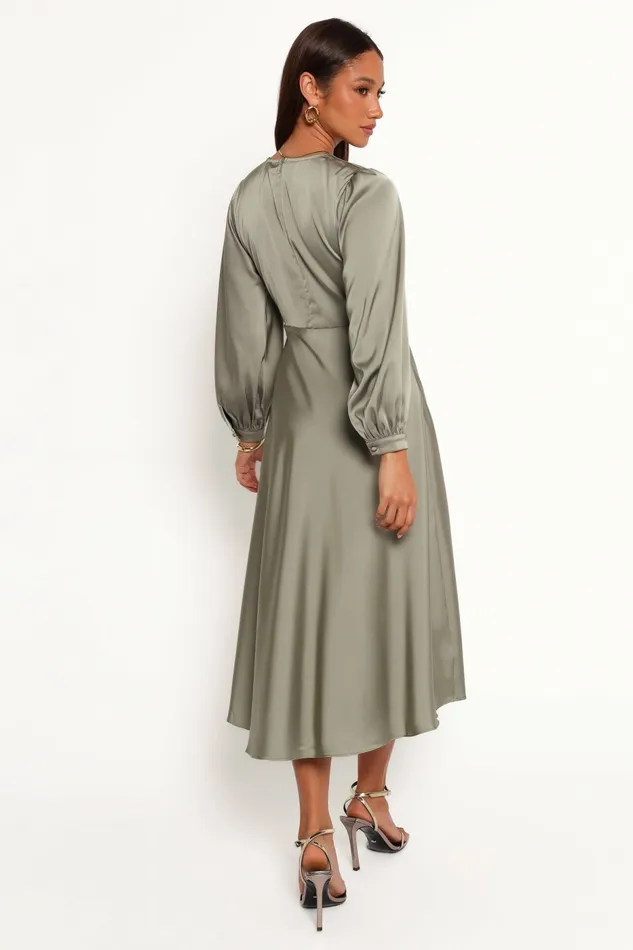 Petal and Pup Windsor Long Sleeve Maxi Dress Olive Women Satin Dresses