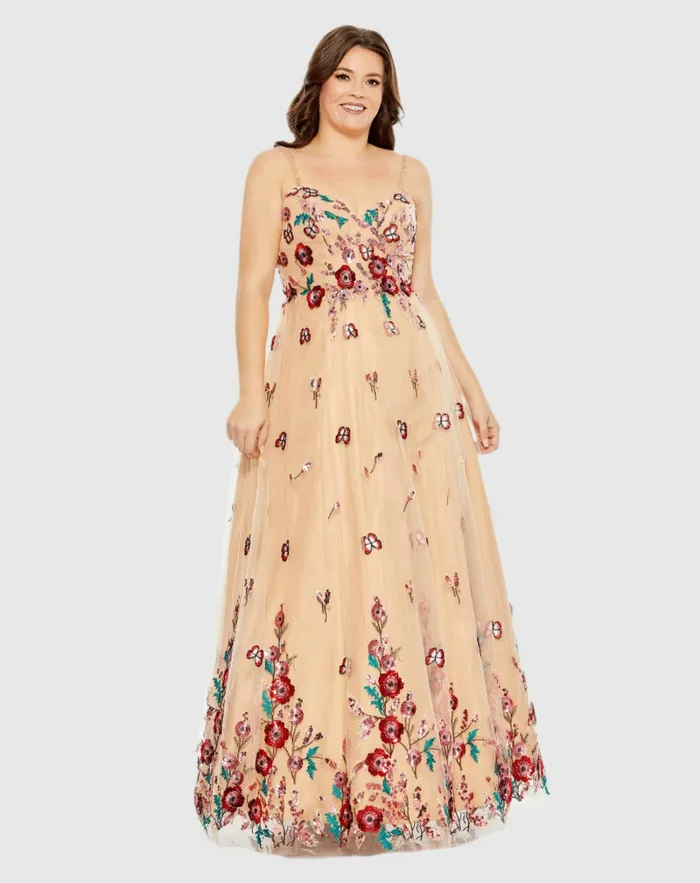 Plus Size Dresses Mac Duggal Women Embellished Butterfly Sleeveless Lace Up Gown Nude Multi Plus Size Dresses Mac Duggal Women Embellished Butterfly Sleeveless Lace Up Gown Nude Multi