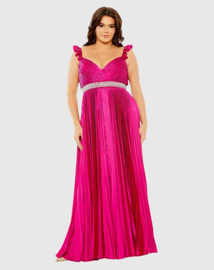 Plus Size Dresses Mac Duggal Women Embellished Waist Flutter Sleeve Pleated Gown Magenta Plus Size Dresses Mac Duggal Women Embellished Waist Flutter Sleeve Pleated Gown Magenta