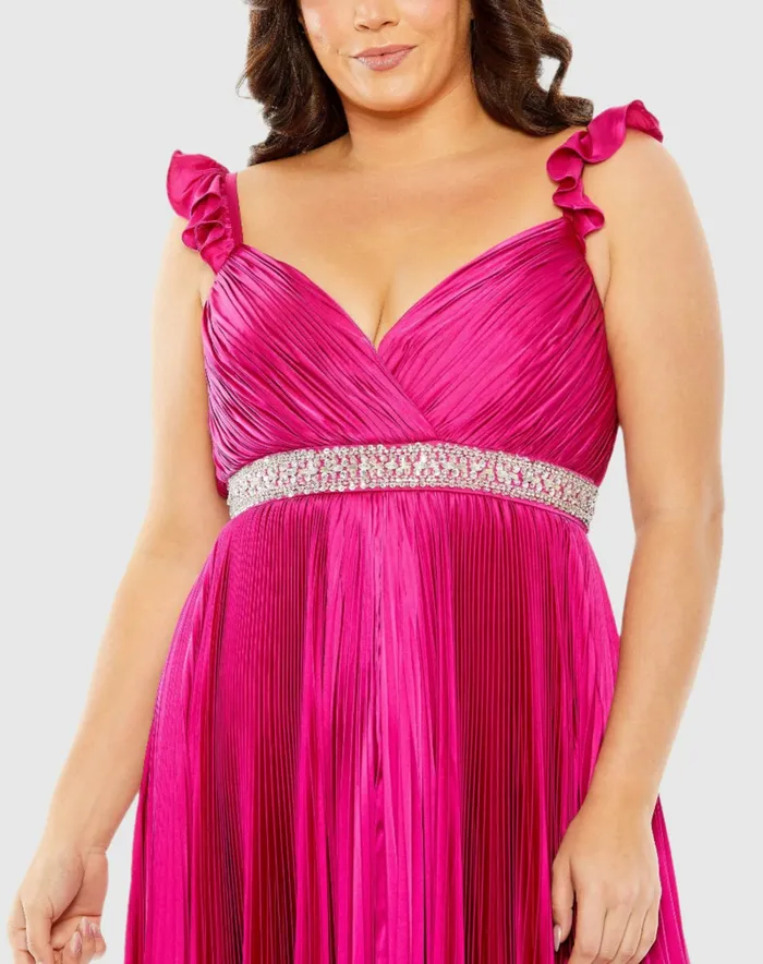 Plus Size Dresses Mac Duggal Women Embellished Waist Flutter Sleeve Pleated Gown Magenta Plus Size Dresses Mac Duggal Women Embellished Waist Flutter Sleeve Pleated Gown Magenta