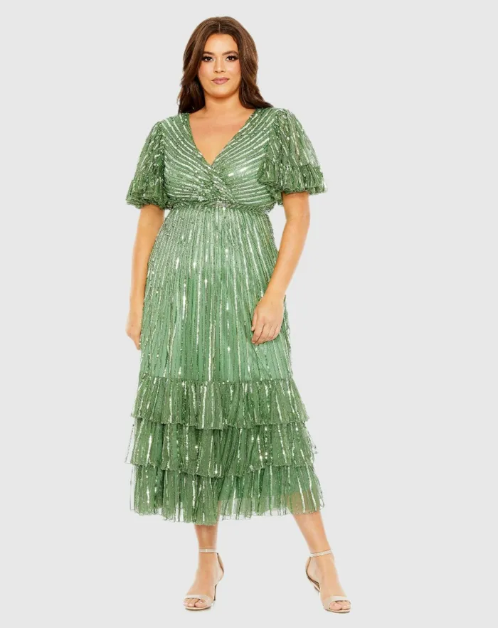 Plus Size Dresses Sequin Faux Wrap Flutter Sleeve Ruffle Dress Sage Mac Duggal Women Plus Size Dresses Sequin Faux Wrap Flutter Sleeve Ruffle Dress Sage Mac Duggal Women