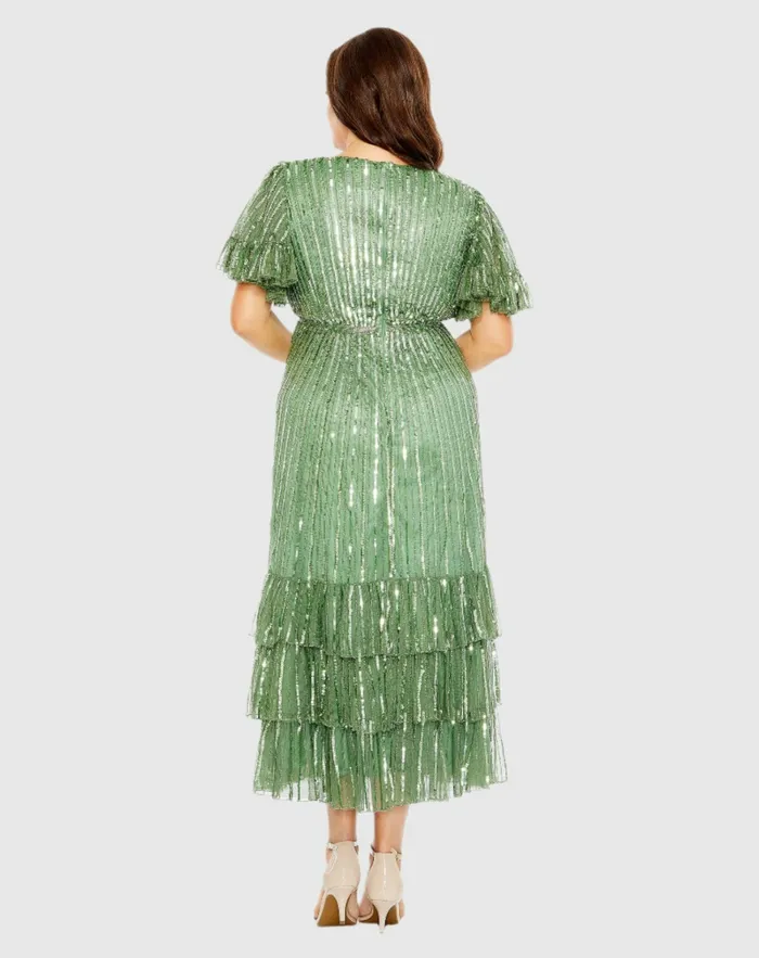 Plus Size Dresses Sequin Faux Wrap Flutter Sleeve Ruffle Dress Sage Mac Duggal Women