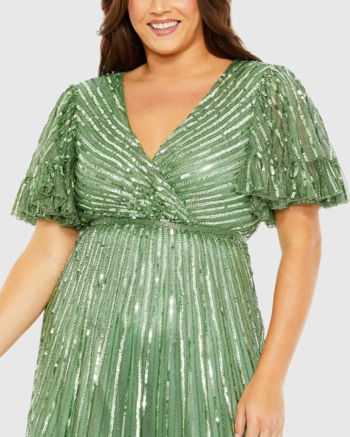 Plus Size Dresses Sequin Faux Wrap Flutter Sleeve Ruffle Dress Sage Mac Duggal Women