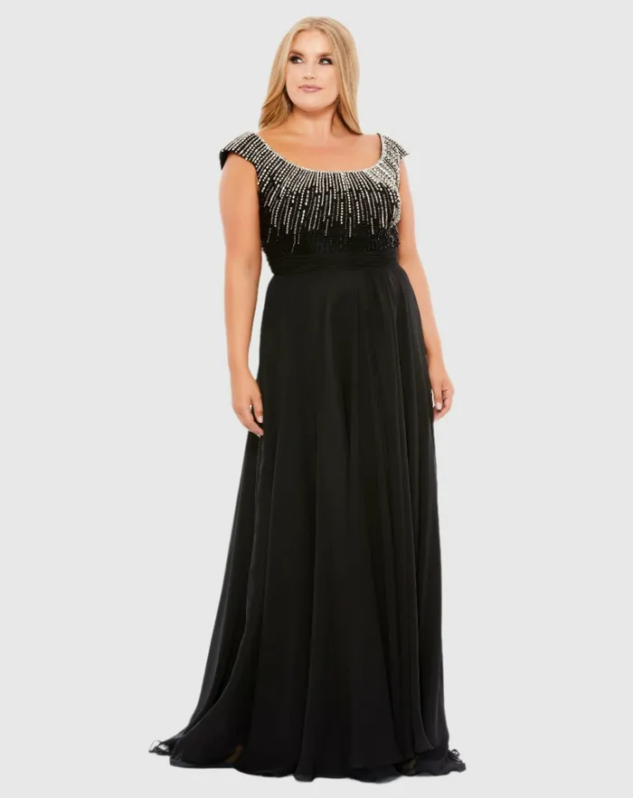 Plus Size Dresses Women Beaded Cap Sleeve A Line Gown Plus Black Mac Duggal