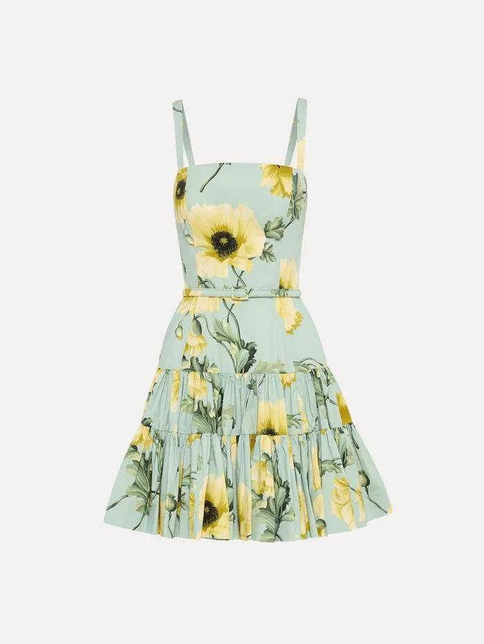 Poppy Cotton Poplin Tiered Mini Dress Sage Yellow Women Oscar De La Renta Dresses