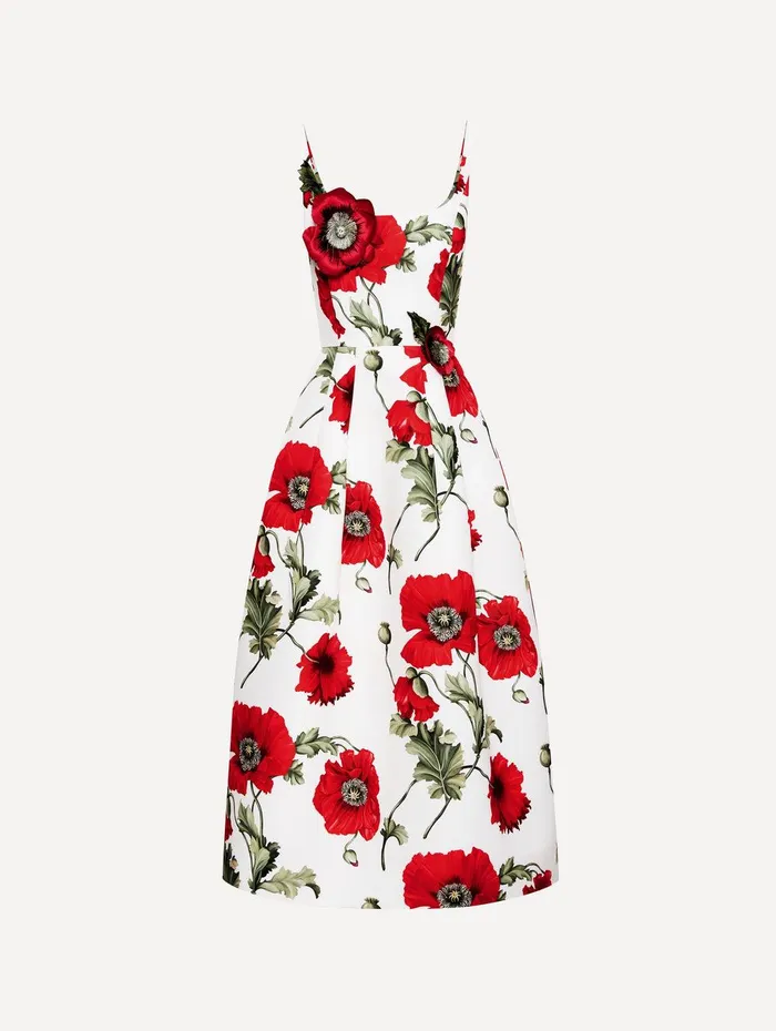 Poppy Embroidered Scoop Neck Dress White Red Women Oscar De La Renta Dresses