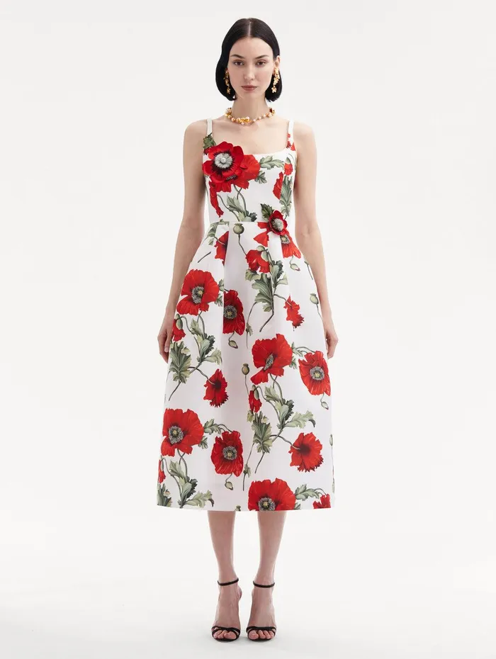 Poppy Embroidered Scoop Neck Dress White Red Women Oscar De La Renta Dresses Poppy Embroidered Scoop Neck Dress White Red Women Oscar De La Renta Dresses