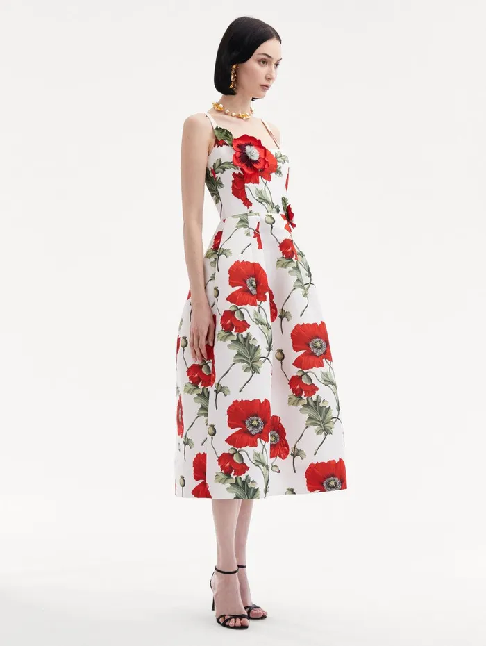 Poppy Embroidered Scoop Neck Dress White Red Women Oscar De La Renta Dresses Poppy Embroidered Scoop Neck Dress White Red Women Oscar De La Renta Dresses