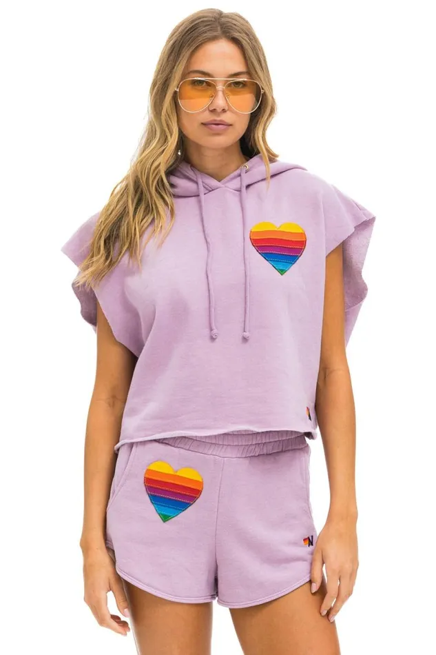 Rainbow Heart Stitch Sleeveless Relaxed Cropped Pullover Hoodie 8211 Mauve Women Aviator Nation Hoodies