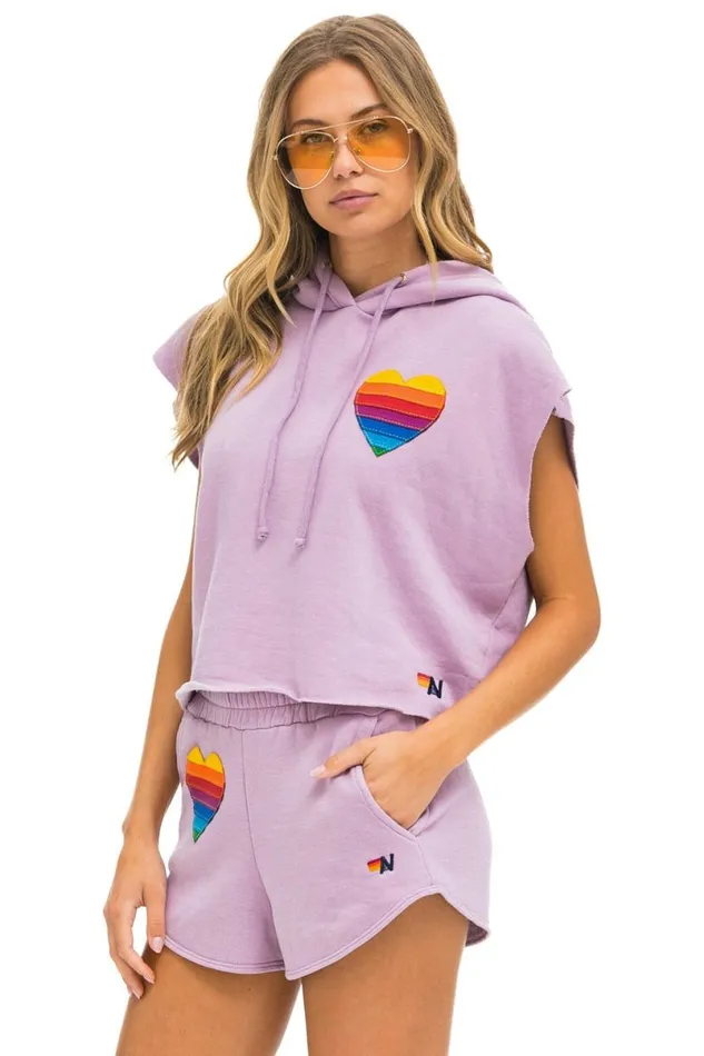 Rainbow Heart Stitch Sleeveless Relaxed Cropped Pullover Hoodie 8211 Mauve Women Aviator Nation Hoodies