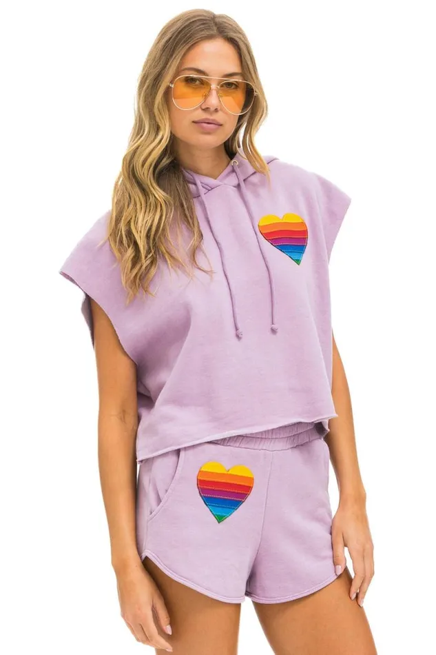 Rainbow Heart Stitch Sleeveless Relaxed Cropped Pullover Hoodie 8211 Mauve Women Aviator Nation Hoodies