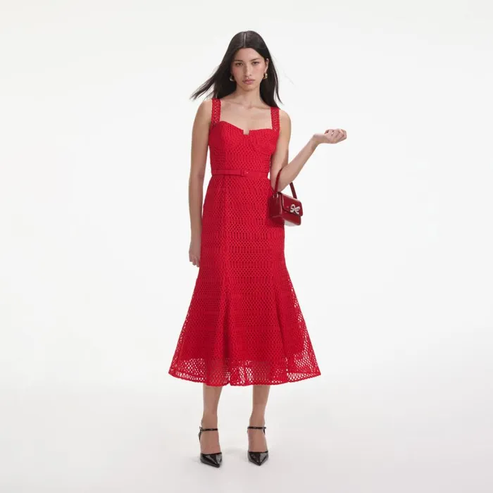 Red Lattice Lace Midi Dress Women Self Portrait Dresses