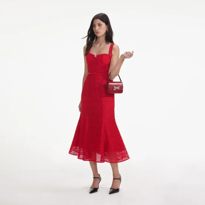 Red Lattice Lace Midi Dress Women Self Portrait Dresses Red Lattice Lace Midi Dress Women Self Portrait Dresses