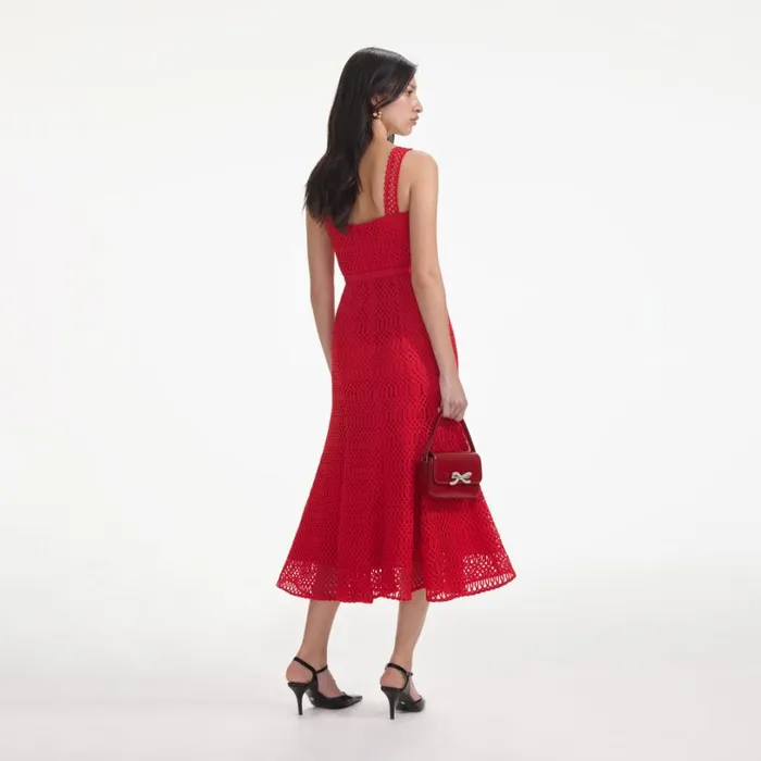 Red Lattice Lace Midi Dress Women Self Portrait Dresses Red Lattice Lace Midi Dress Women Self Portrait Dresses