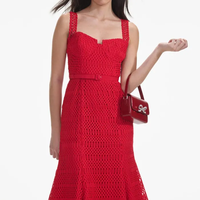Red Lattice Lace Midi Dress Women Self Portrait Dresses Red Lattice Lace Midi Dress Women Self Portrait Dresses