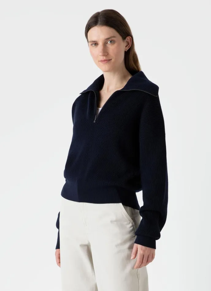 Ribbed Half Zip Jumper Navy Women SUNSPEL Knitwear