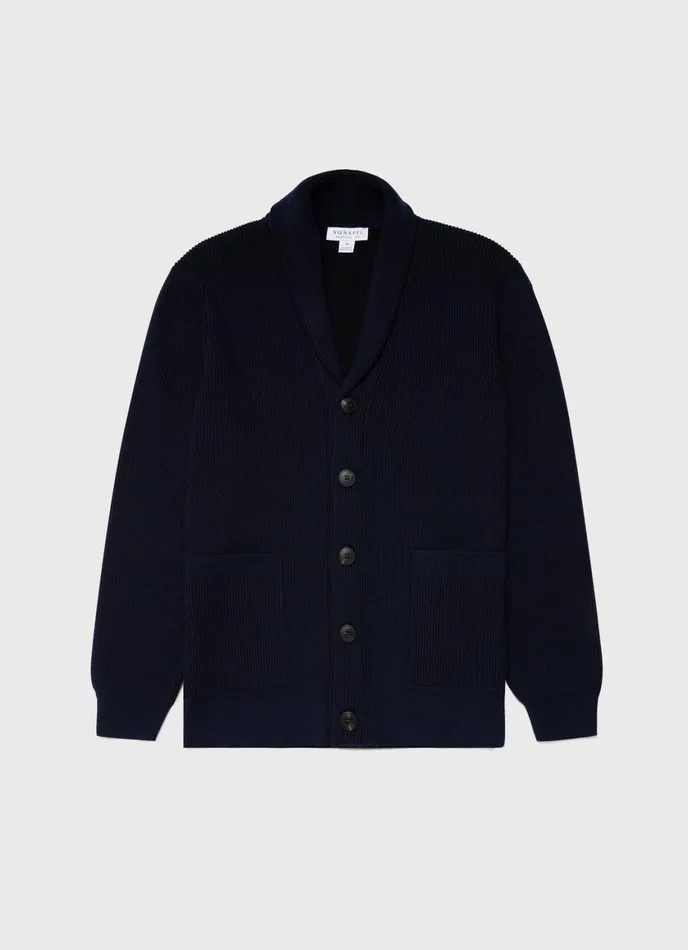 Ribbed Shawl Neck Cardigan Navy Men SUNSPEL Knitwear